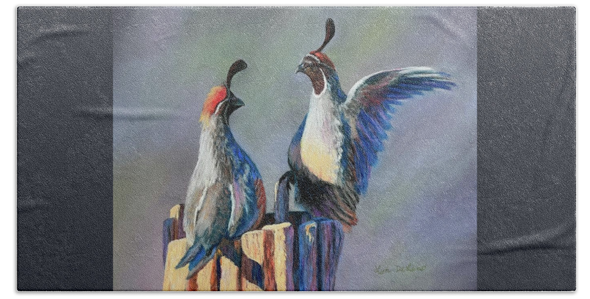 Quail Bath Towel featuring the pastel The Disagreement by Lyn DeLano