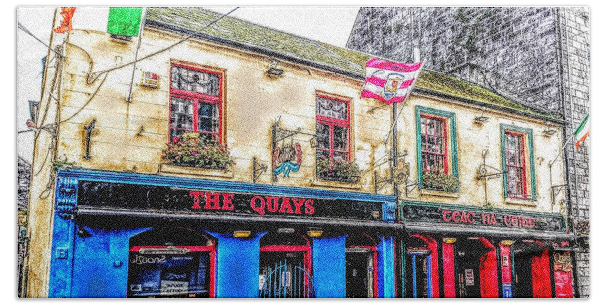 Art Print Of The Quays Pub Galwayireland Bath Towel featuring the painting Quays pub Galway Ireland art by Mary Cahalan Lee - aka PIXI