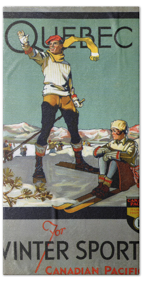 Quebec Hand Towel featuring the mixed media Quebec for Winter Sports - Canadian Pacific - Retro travel Poster - Vintage Poster by Studio Grafiikka