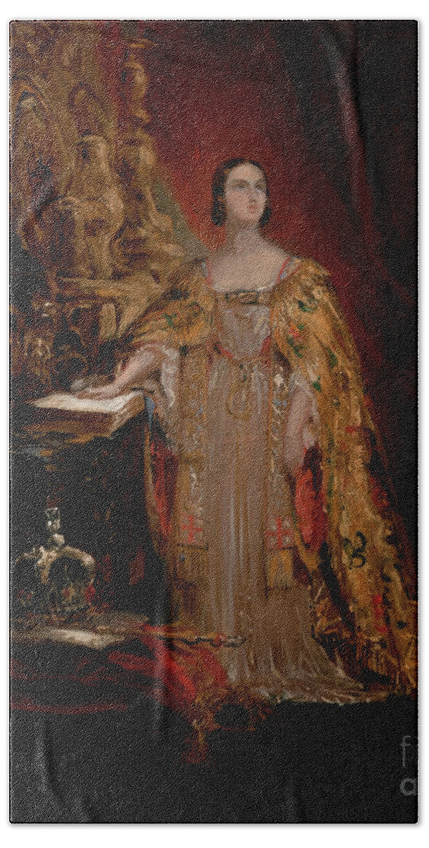 Queen Victoria Bath Towel featuring the photograph Queen Victoria Taking the Coronation Oath by George Hayter by Carlos Diaz