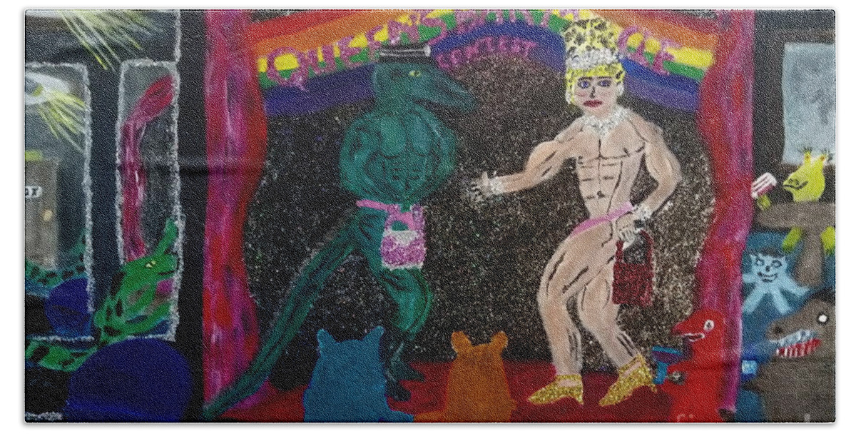 Lgbtq Hand Towel featuring the painting Queens bar muscle contest by David Westwood