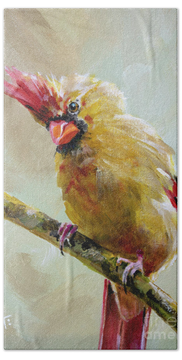 Bird Hand Towel featuring the painting Quizzical Cardinal - Female by Annie Troe