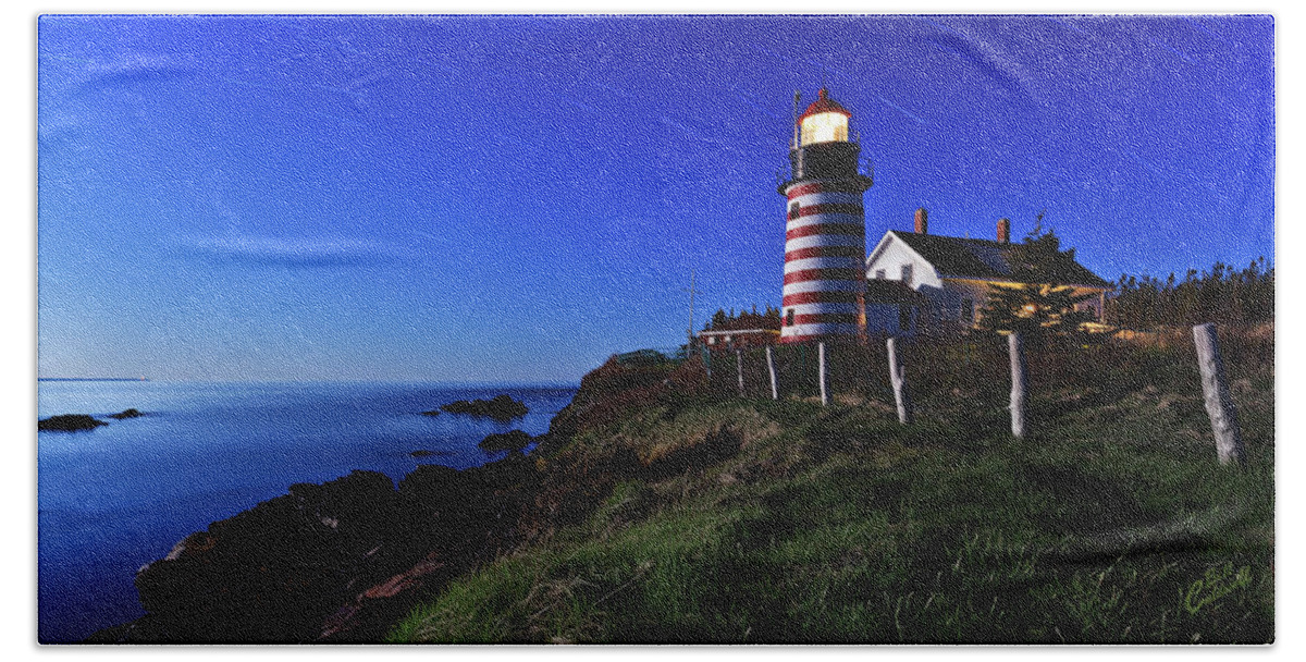 Maine Lighthouse Hand Towel featuring the photograph Quoddy Head by Moonlight by ABeautifulSky Photography by Bill Caldwell
