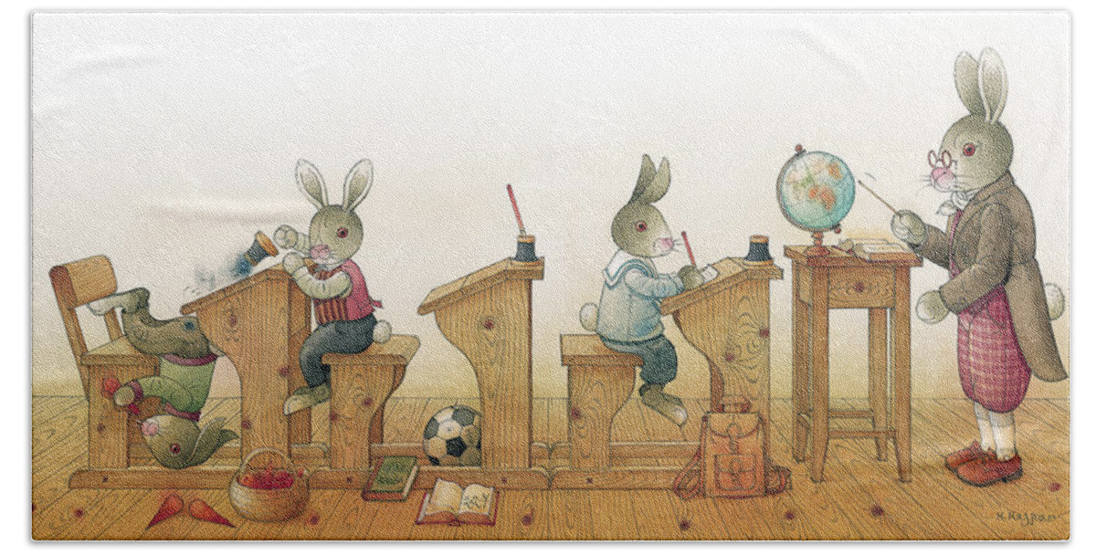 Rabbits Bath Towel featuring the drawing Rabbit school 01 by Kestutis Kasparavicius