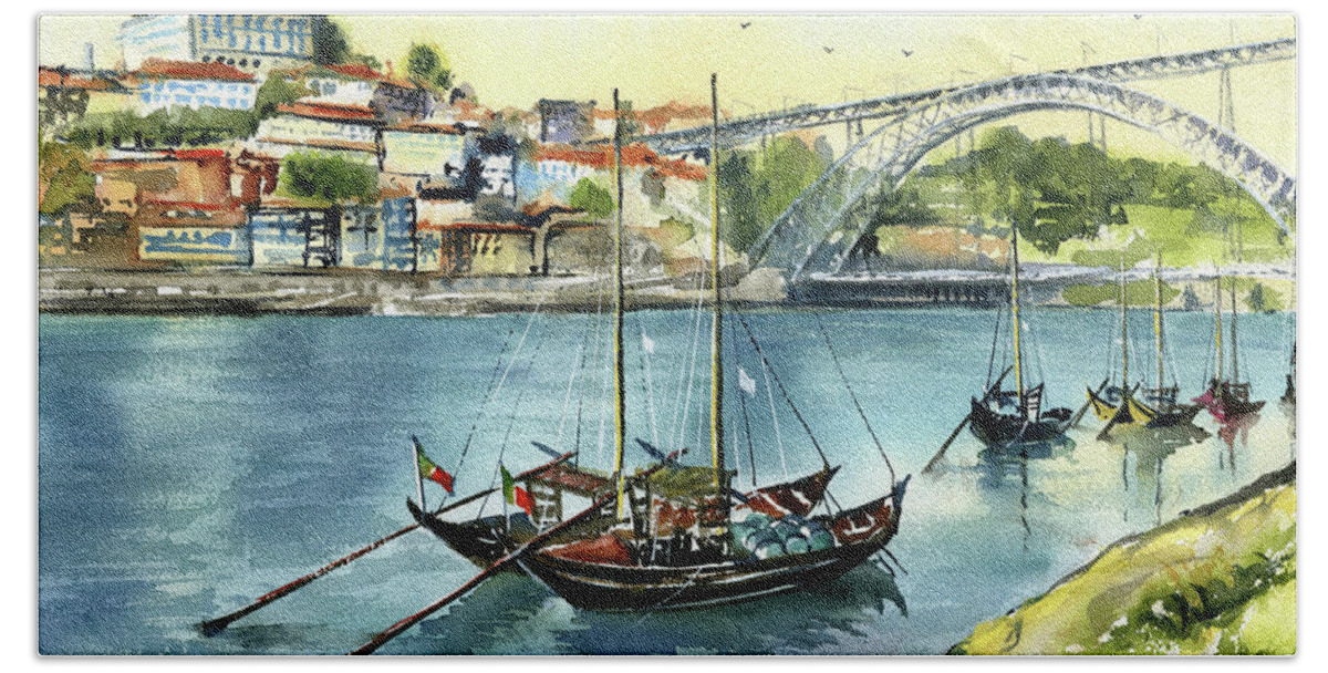 Portugal Hand Towel featuring the painting Rabelo Boats in Porto by Dora Hathazi Mendes