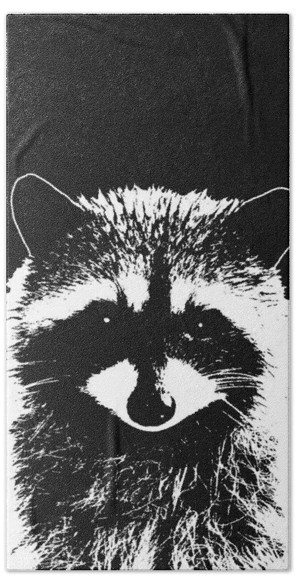 Raccoon Bath Towel featuring the mixed media Raccoon 25 Black and white by Lucie Dumas