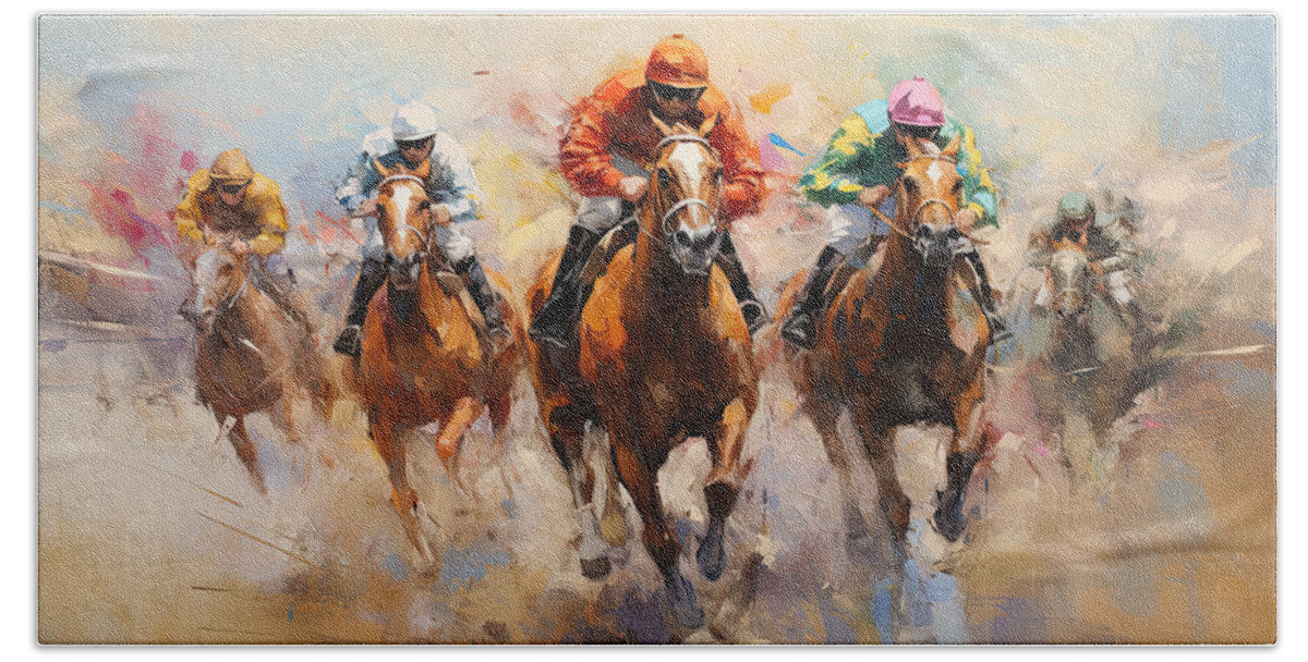 Horse Racing Bath Towel featuring the painting Race for the Ages by Lourry Legarde