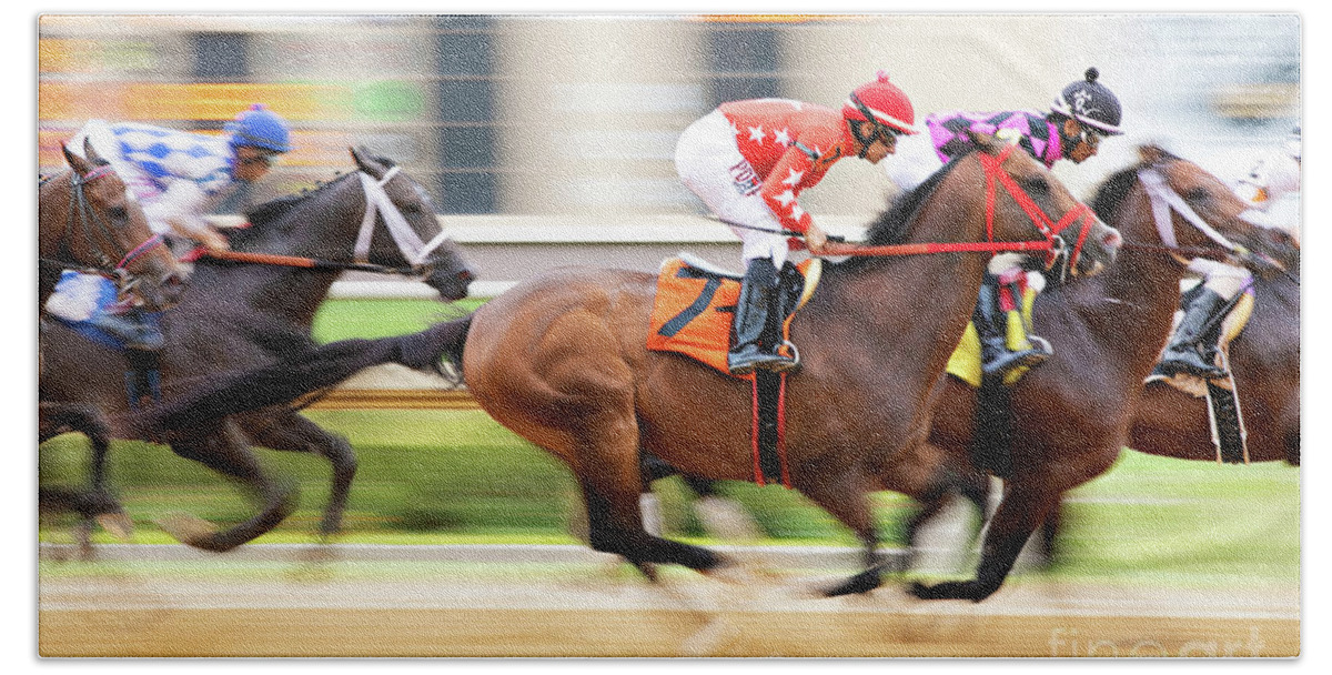 Race Bath Towel featuring the photograph Racehorse Blurr by Terri Cage