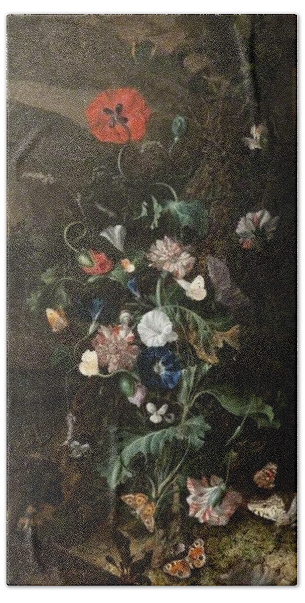  Bath Towel featuring the painting Rachel Ruysch - An Arrangement of Flowers by a Tree Trunk by Les Classics