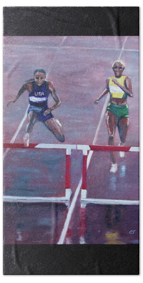 Dalilah Muhammad; Janieve Russell; Tokyo Summer Olympics; 2020; Athletes Hand Towel featuring the painting Racing in the Rain by Evelyn Snyder