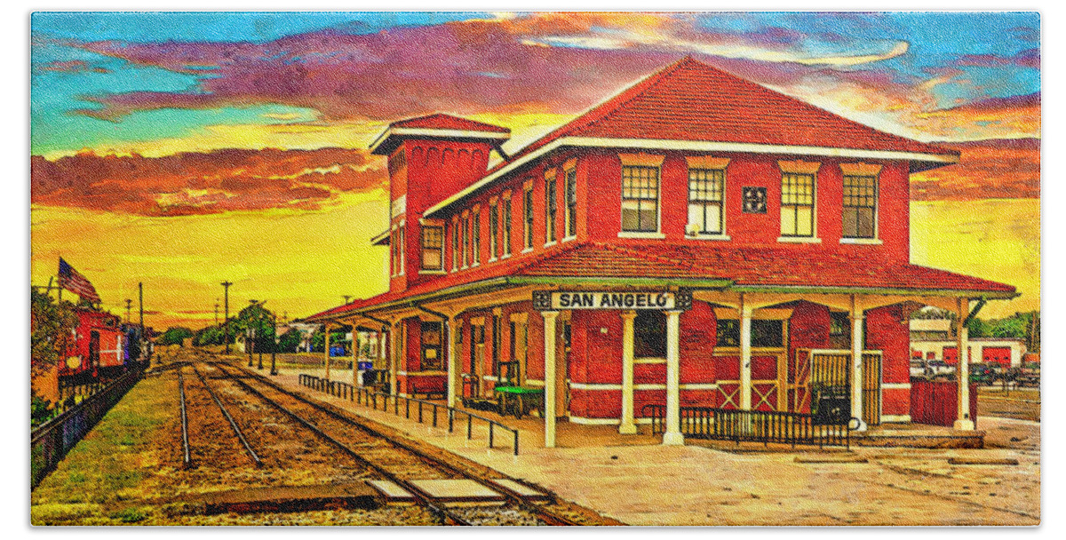 Railway Museum Bath Towel featuring the digital art Railway Museum of San Angelo, Texas, at sunset - digital painting by Nicko Prints