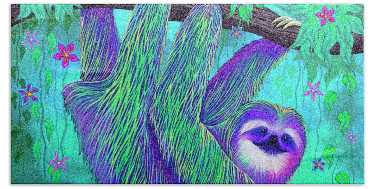 Sloth Bath Towel featuring the digital art Rain Forest Flowers Sloth by Nick Gustafson