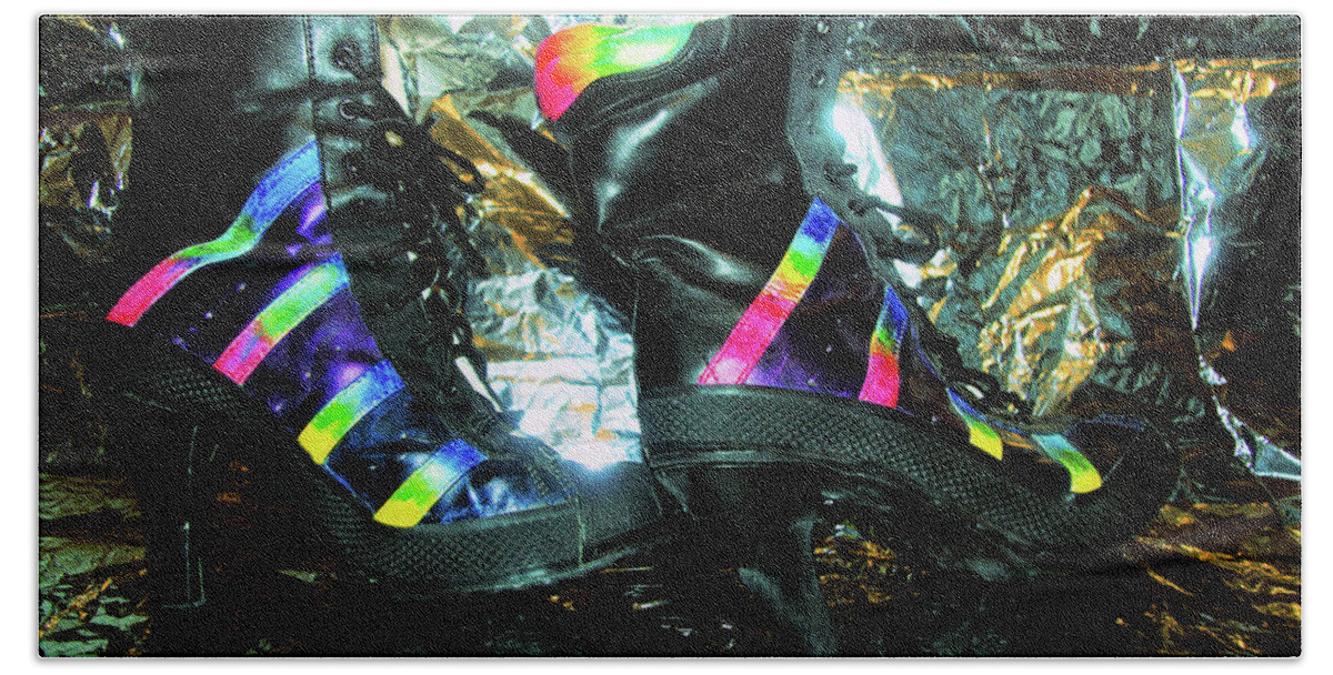 Rainbow Boots Hand Towel featuring the photograph Rainbow Boots by Adria Trail