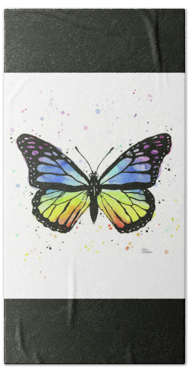 Rainbow Butterfly Bath Towel featuring the painting Rainbow Butterfly Watercolor Vertical Print by Olga Shvartsur