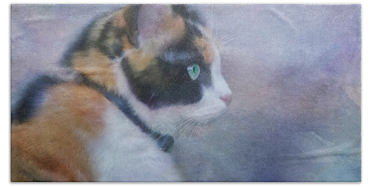 Cats Bath Towel featuring the mixed media The Calico Staredown by Colleen Taylor