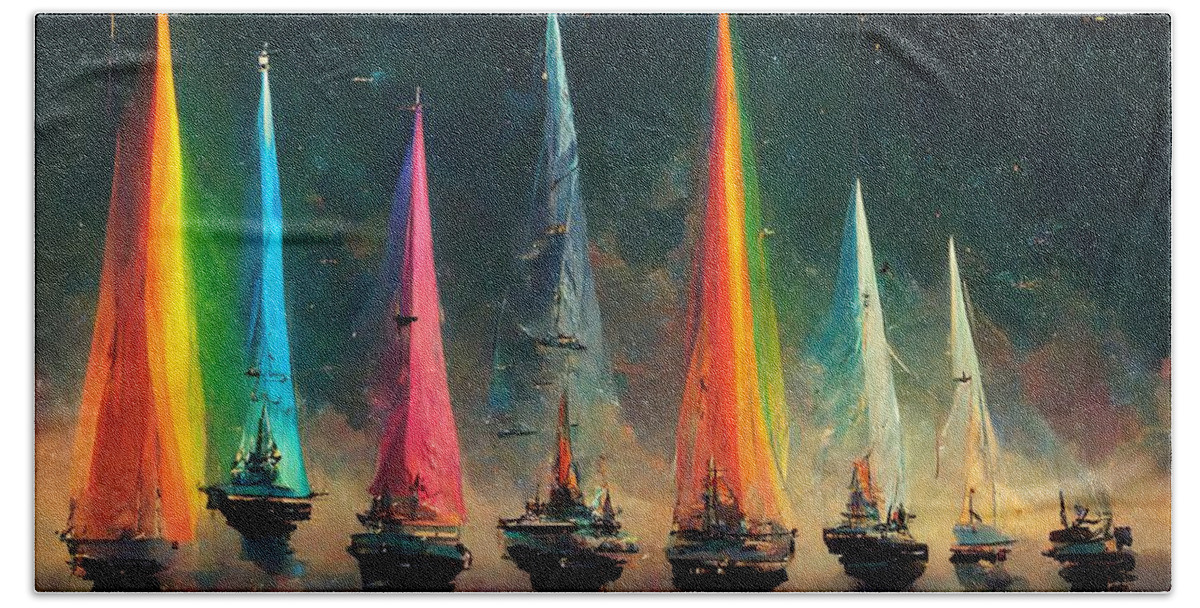 Sailing Bath Towel featuring the digital art Rainbow Fleet by Nickleen Mosher