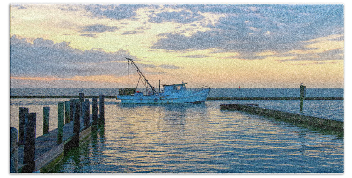 Shrimp Boat Hand Towel featuring the photograph Rainbow Goes to Work by Ty Husak