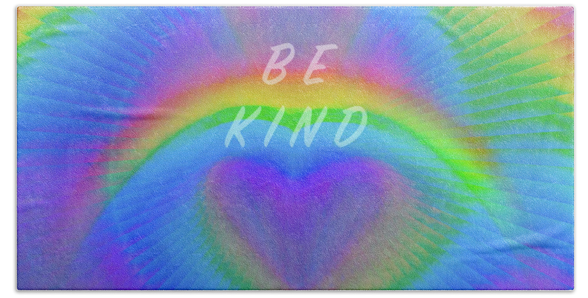 #bekind #bekindtooneanother #ellendegeneres #theellenshow #heart #love #customfacemask #facemask #mask #clothfacemask #facecovering #facemasksforsale #maskforsale #fashionablemask #covidmask #facecover #washablemask #rainbow #rainbowmask #rainbowfacemask #whenitrainslookforrainbows #bearainbowinthestorm #colorful #art #stayathome #nurse #nursegift #doctor #doctorgift #healthcareworkergift #gift #ppe #covid19 #coronavirus #lgbtq #pride #gaypride #togetheralone #nystrong #nytough Bath Towel featuring the digital art Rainbow Love - Be Kind Face Mask by Artistic Mystic