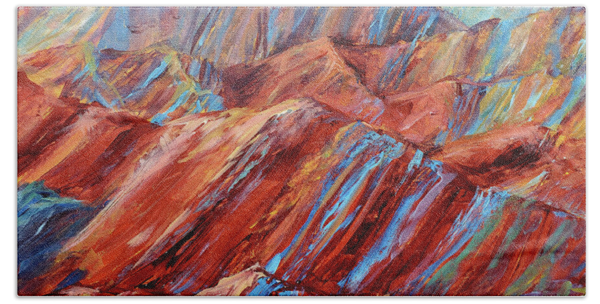 Zhangye Danxia Geological Park Bath Towel featuring the painting Rainbow Mountains by Zan Savage