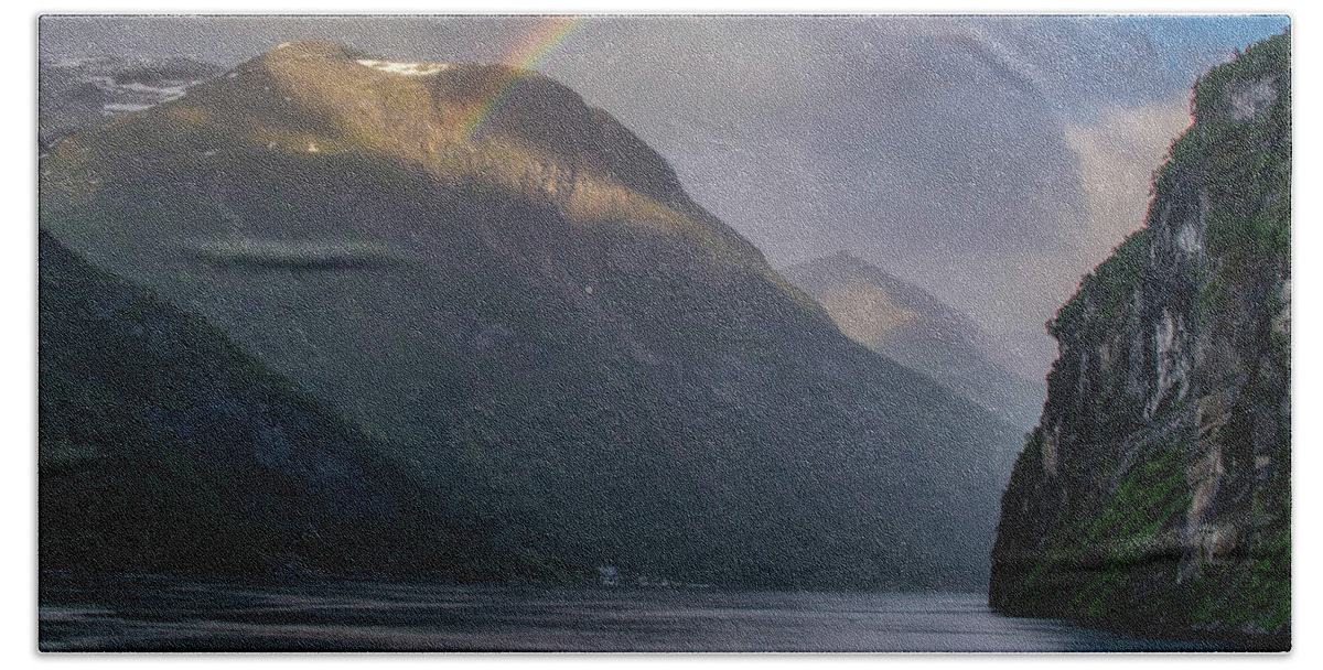 Clouds Bath Towel featuring the photograph Rainbow on the Fjord by Matthew DeGrushe