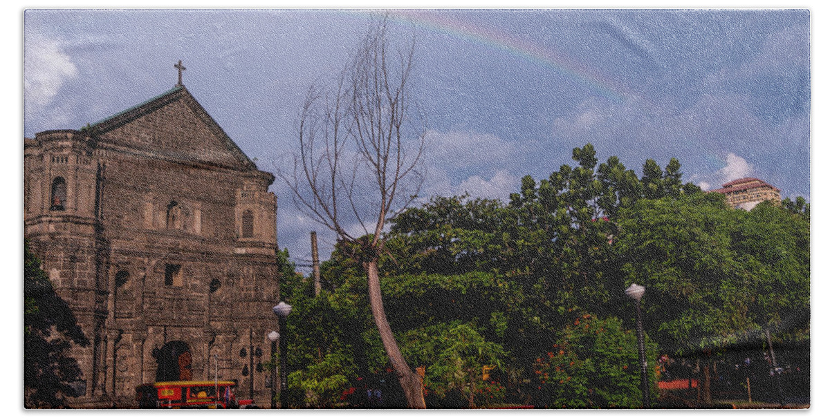 Rainbow Bath Towel featuring the photograph Rainbow over Malate Church by Arj Munoz