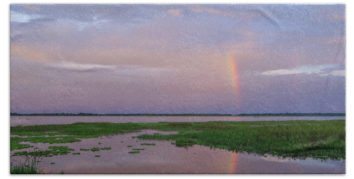 Rainbow Bath Towel featuring the photograph Rainbow Reflection over Lake Toho by Carolyn Hutchins