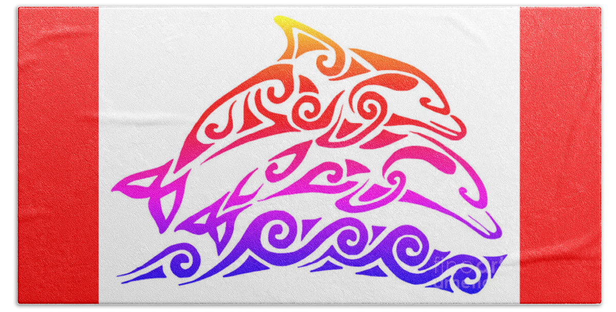 Dolphin Hand Towel featuring the mixed media Rainbow Tribal Dolphins by Rebecca Wang
