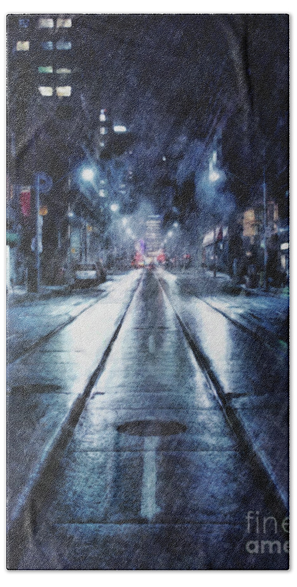 Weather Bath Towel featuring the digital art Rainy Night Downtown by Phil Perkins