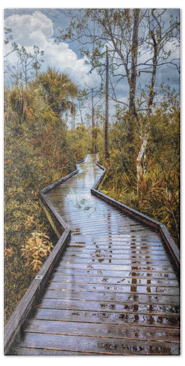 Clouds Bath Towel featuring the photograph Rainy Reflections on the Boardwalk Trail in Autumn by Debra and Dave Vanderlaan