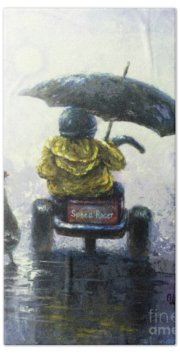 Little Boy Riding Three Wheeler Hand Towel featuring the painting Rainy Ride by Vickie Wade