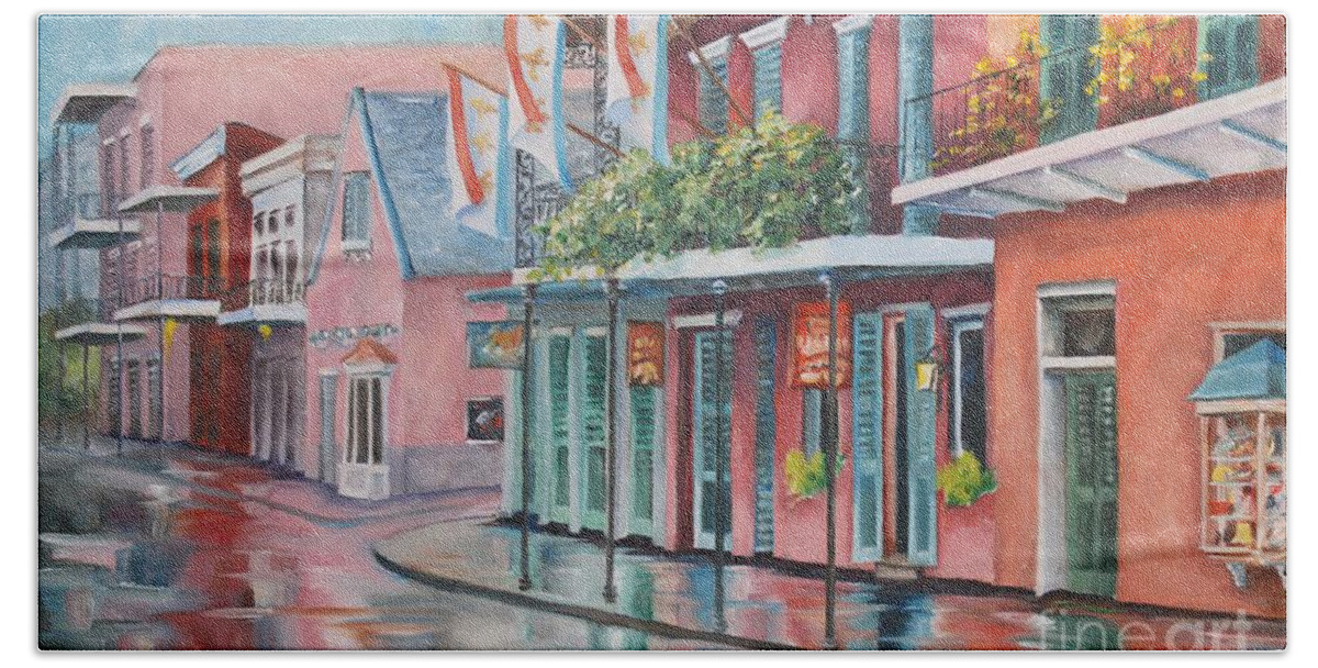 New Orleans Hand Towel featuring the painting Rainy Rue Toulouse by Diane Millsap