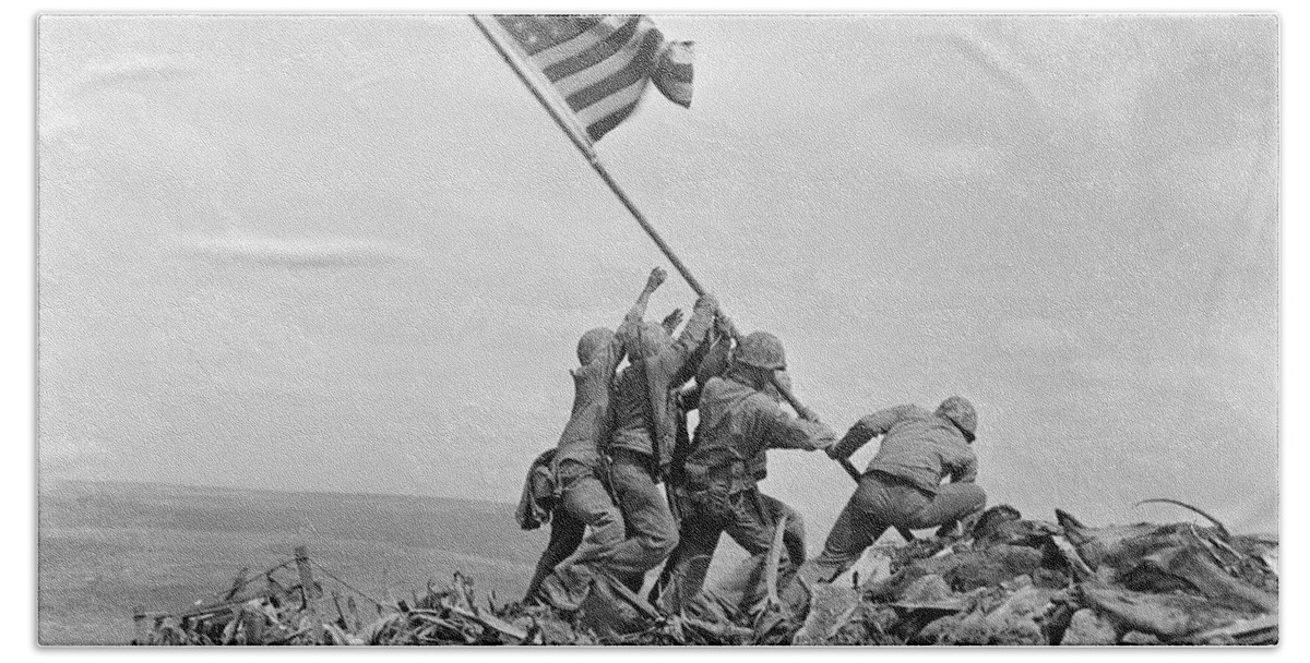 Iwo Jima Hand Towel featuring the photograph Raising the Flag on Iwo Jima - WW2 - 1945 by War Is Hell Store