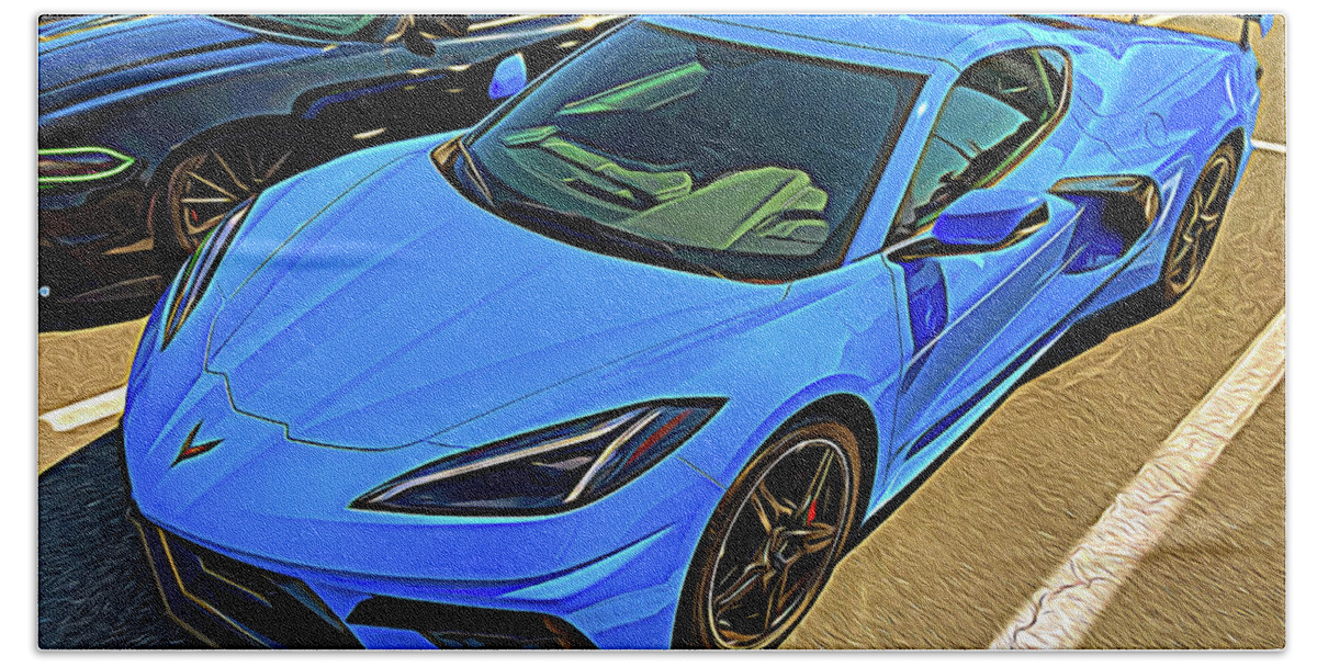 Car Bath Towel featuring the photograph Rapid Blue Mid Engine Corvette Expressionism by Bill Swartwout