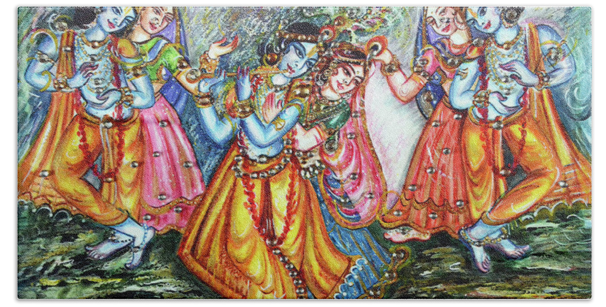 Krishna Bath Towel featuring the painting Divine Dancing - RASS Leela by Harsh Malik