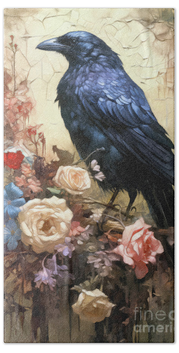 Raven Bath Towel featuring the painting Raven And Roses by Tina LeCour