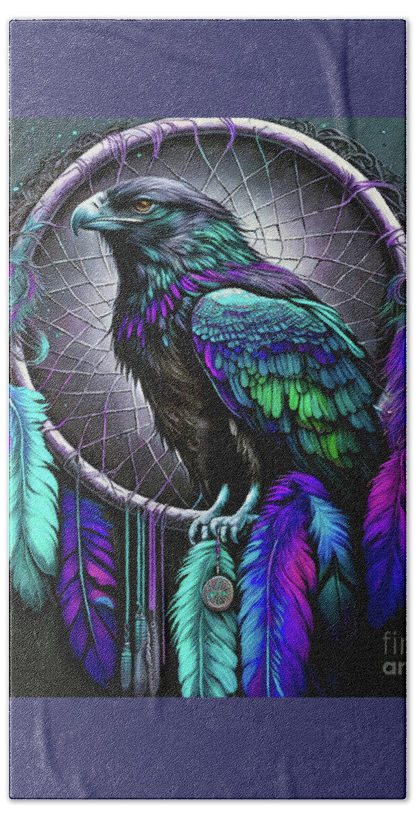 Dreamcatcher Bath Towel featuring the painting Raven Dreamcatcher by Tina LeCour