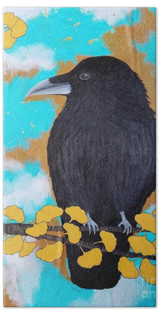 Raven Bath Towel featuring the painting Raven in the Ginkgo Winds by Jean Fry