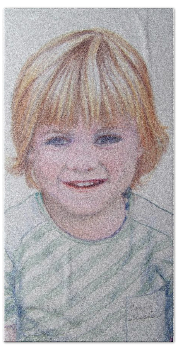 Boy Bath Towel featuring the drawing Ready for the First School Photo. by Constance DRESCHER