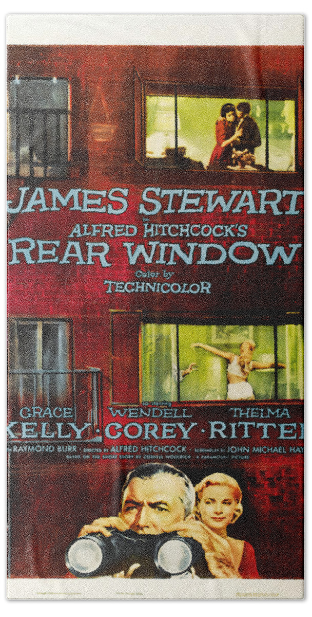 Rear Hand Towel featuring the mixed media ''Rear Window'' 2, with James Stewart and Grace Kelly, 1954 by Movie World Posters