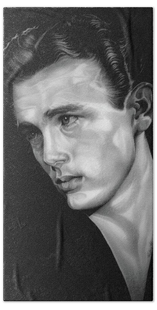 Rebel Hand Towel featuring the drawing Rebel - BW - James Dean by Fred Larucci