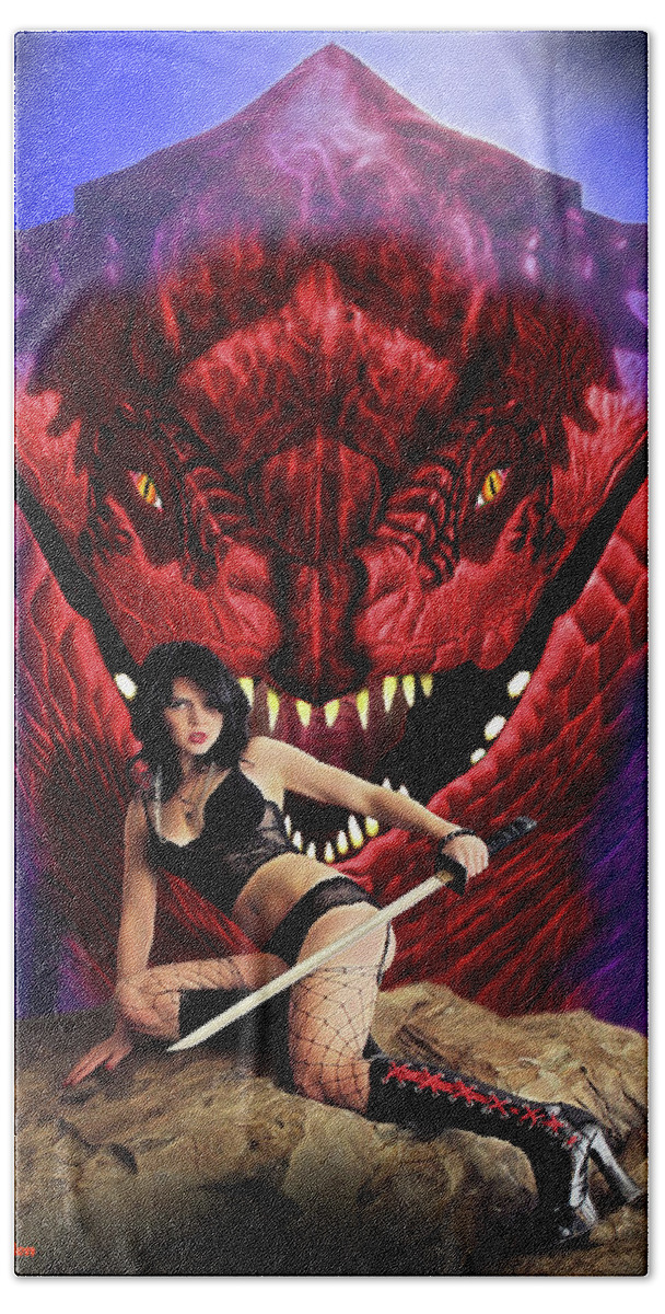 Rebel Bath Towel featuring the pyrography Rebel With Dragon by Jon Volden