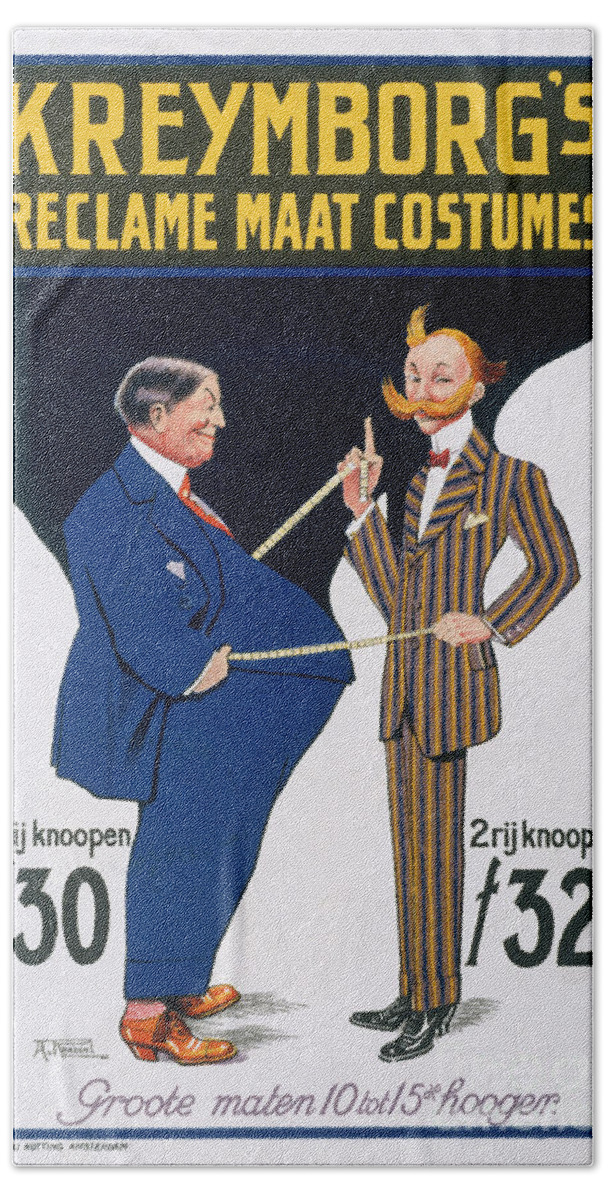 Fat Bath Towel featuring the painting Reclame Maat Costumes, poster advertising Kreymborgs Dutch tailors, 1914 by European School