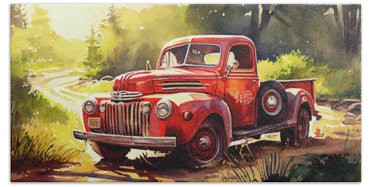 Red Hand Towel featuring the digital art Red 1948 Ford Pickup by Betty Denise