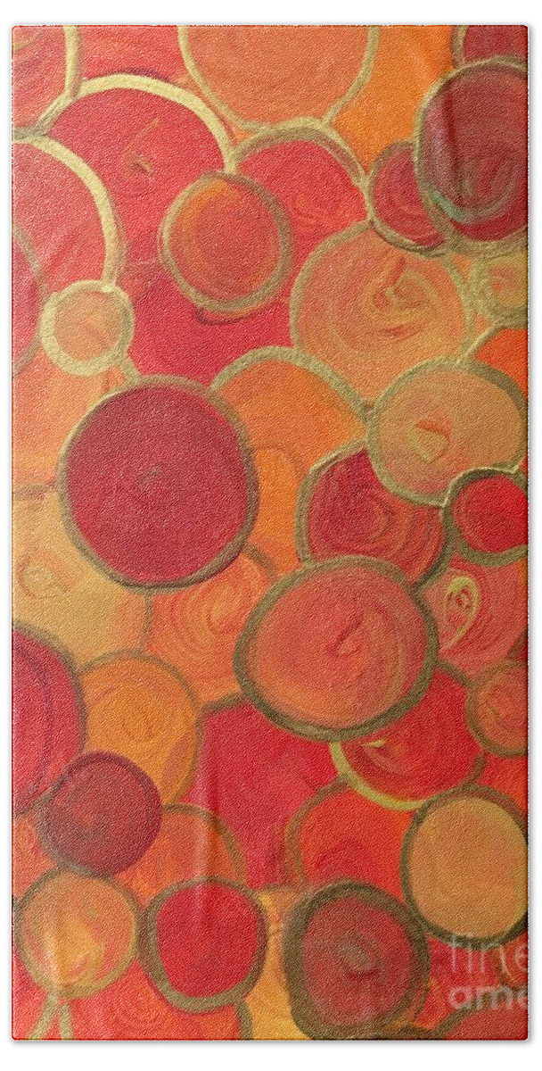 Abstract Bath Sheet featuring the painting Red and Gold Bubbles by Debora Sanders