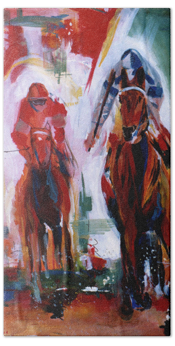 Kentucky Horse Racing Bath Towel featuring the painting Red and Green Race by John Gholson