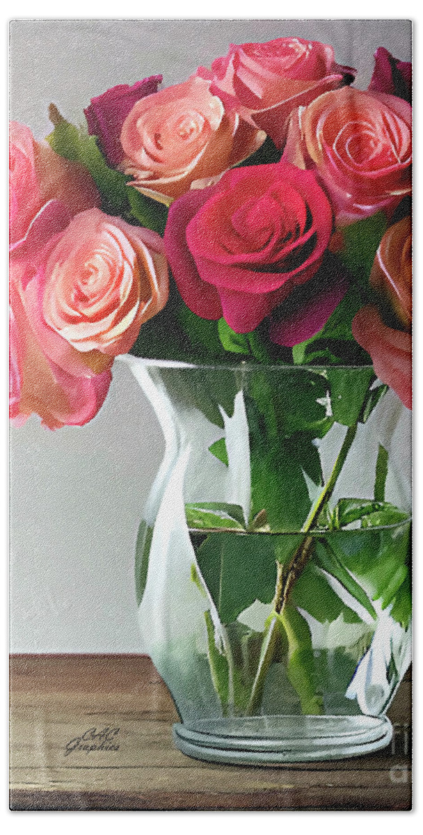 Roses Hand Towel featuring the digital art Red and Pink Roses in Glass Vase by CAC Graphics