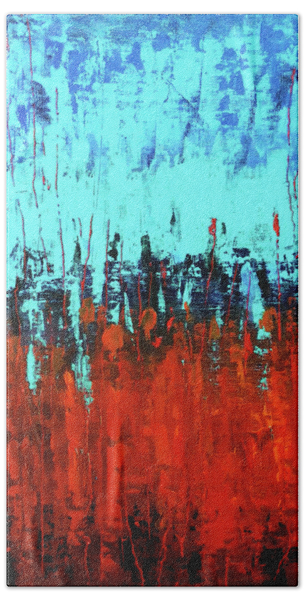 Abstract Bath Towel featuring the painting Red and Turquoise abstract by Asha Sudhaker Shenoy