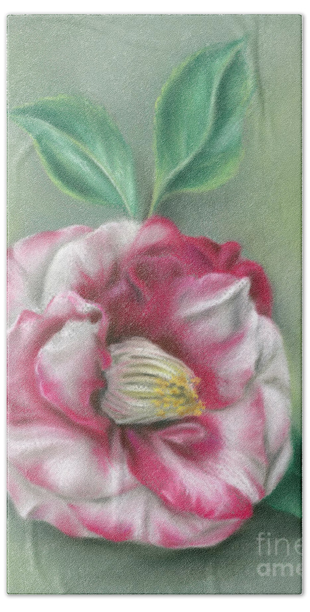 Botanical Hand Towel featuring the painting Red and White Camellia Flower by MM Anderson