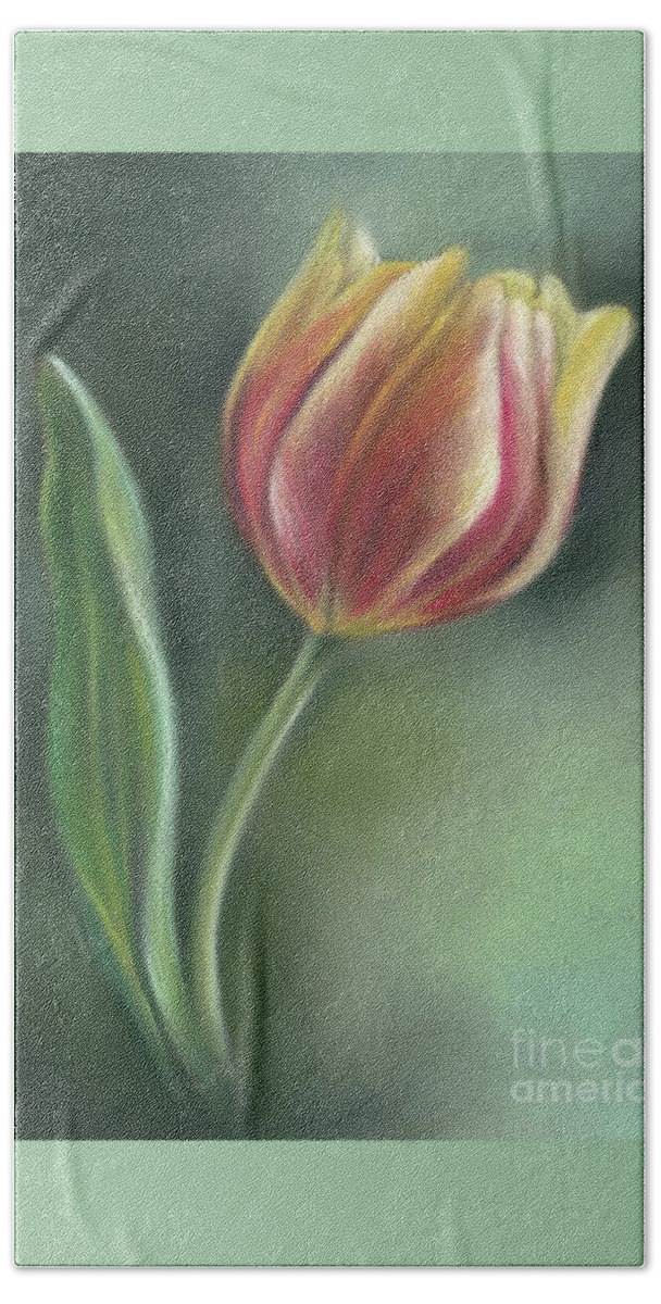 Botanical Bath Towel featuring the painting Red and Yellow Tulip with Leaf by MM Anderson