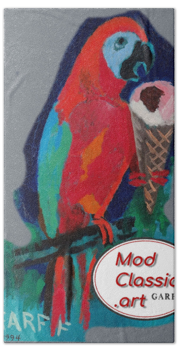 Parrot Hand Towel featuring the painting Red Ara with Ice Cream ModClassic Art by Enrico Garff